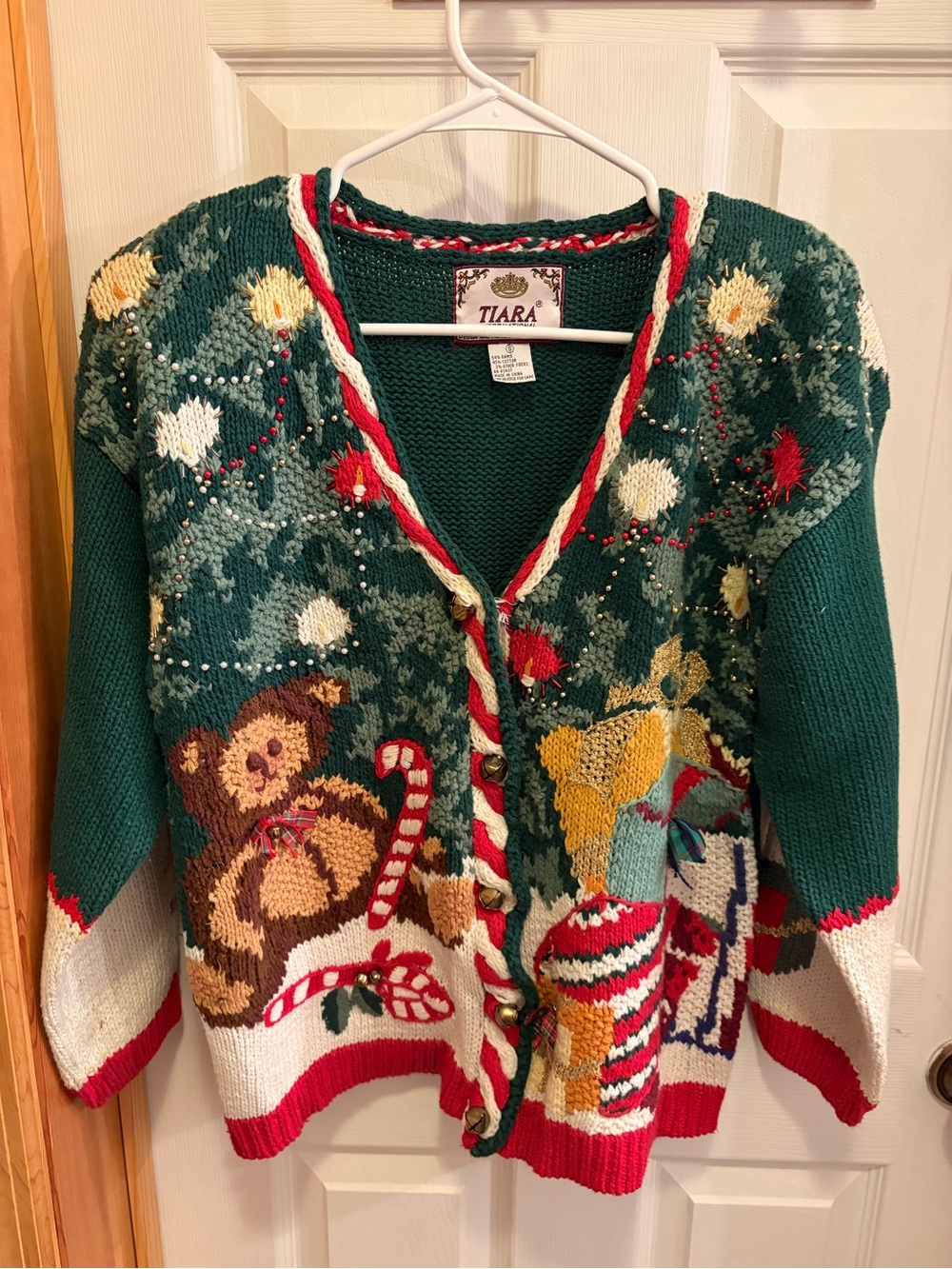 Vintage Ugly Christmas Sweater, Teddy Bear, Stocking Bells, women’s Small